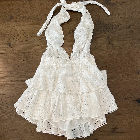 LoveShackFancy White Eyelet Halter Mini Dress
